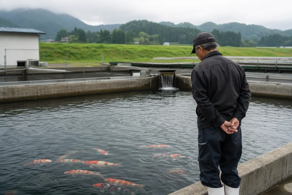 Illustration of a koi keeper beside a Japanese-style pond